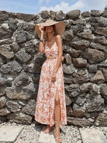 Vista 3 de Floerns Vestido maxi floral con cuello en V y espalda abierta para mujer