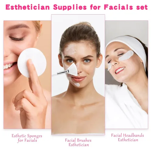 Vista 5 de DOSTATNI Estetician Supplies for Facials Set 15 piezas Estético Esponjas 4 Cepillos Faciales Diademas Tazones, Suministros Rosa, Blanco