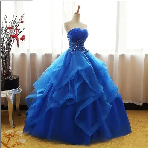 Vista 2 de Fair Lady Vestido de fiesta largo con volantes vestido de fiesta vestidos de quinceañera sin tirantes de encaje de tul con cuentas vestido de noche