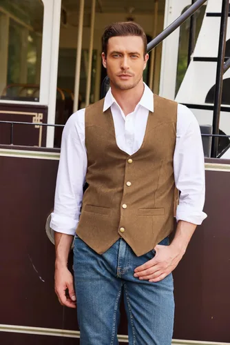 Vista 2 de COOFANDY Chaleco de traje de cuero de gamuza para hombre, chaleco occidental casual, chaleco ajustado