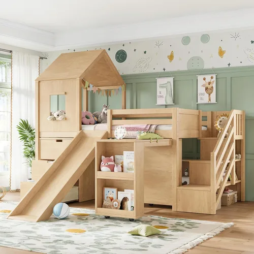Vista 3 de SOFTSEA Cama tipo loft con tobogán, almacenamiento y escritorio para niños Natural
