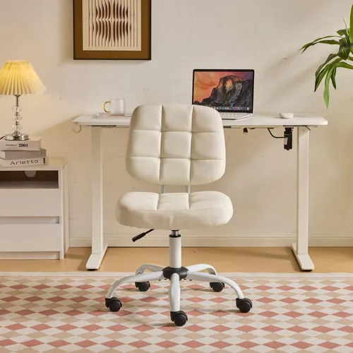 Vista 13 de VINGLI Silla de escritorio compacta y pequeña, linda silla sin brazos con ruedas, silla de tocador con respaldo bajo, silla de tarea ajustable