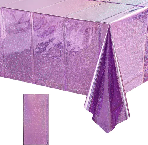 Vista 23 de Paquete de 4 manteles de plástico iridiscente brillantes desechables láser rectangulares, cubiertas de mesa, mantel de papel holográfico