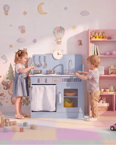 Vista 7 de MAMIZO Juego de cocina para niños pequeños, juego de cocina de juguete de madera para niños con almacenamiento inteligente, último interactivo, Azul