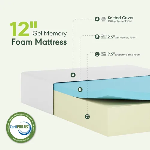 Vista 3 de Furinno TIDUR - Colchón California King de 12 pulgadas, colchón de espuma viscoelástica de gel refrescante, certificado CertiPUR-US, colchón en una