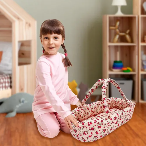 Vista 4 de Juego de Cochecito de Muñeca, Cochecito de Muñeca 3 en 1 con Moisés Extraíble, Carrito para Muñecas, Cochecito de Muñeca de Juguete para Niños Floral