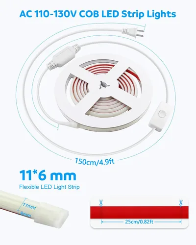 Vista 6 de Aclorol Tira de luces LED COB de 110 V para exteriores, impermeable, 6.56 pies/2M, luz diurna blanca 6000 K CRI90+ flexible y Unifrom tira de luz