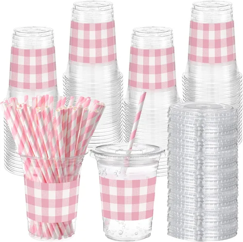 Vista 11 de Sliner 50 juegos de vasos de plástico a cuadros de 16 onzas con tapas y pajitas de papel, vasos desechables transparentes para fiesta de autos