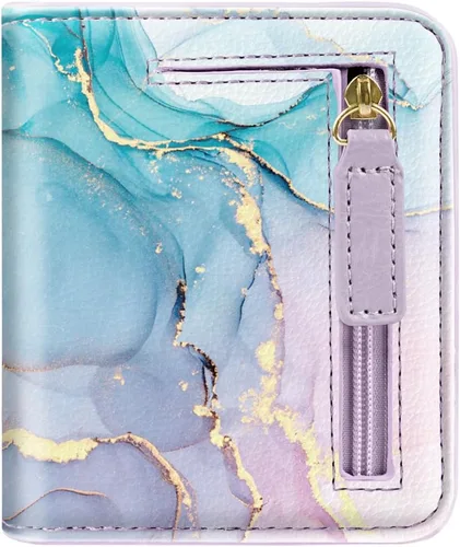 Vista 16 de Cartera pequeña con bloqueo RFID para mujer, con bolsillo plegable y compacto, lindo soporte para tarjetas de crédito, ranura para monedas, monedero