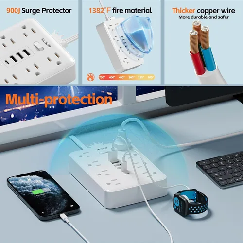 Vista 3 de Tira de alimentación ultra delgada con protector de sobrecarga y sobretensión, enchufe de pared plano con 8 tomas de CA y 6 USB (2 USB C)