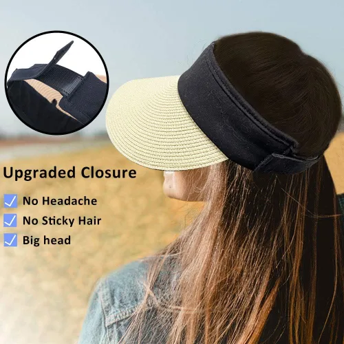 Vista 3 de Sombrero de paja para mujer, visera ancha, protección UV, gorra de playa, plegable, estilo coreano