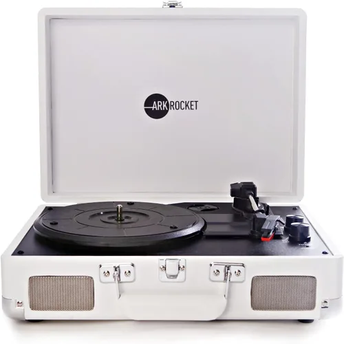 Vista 18 de Arkrocket Curiosity II Tocadiscos Bluetooth Retro de maleta de 3 velocidades con bocinas integradas y cartucho de imán móvil (Negro)