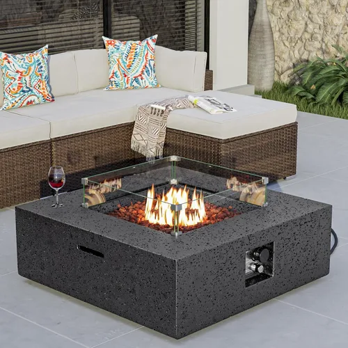 Vista 12 de COSIEST mesa cuadrada de propano para exteriores de arenisca con protector contra el viento, certificada, quemador de acero inoxidable de 50,000
