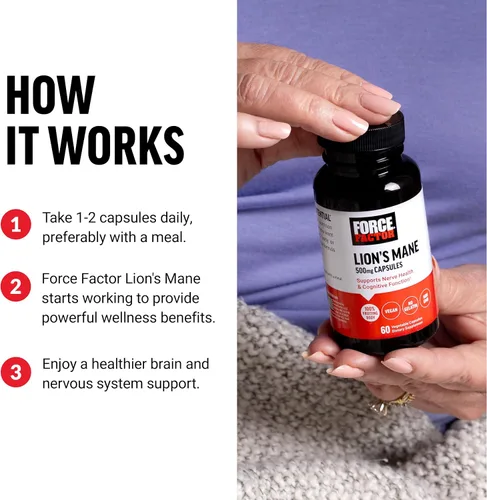 Vista 4 de Force Factor Cápsulas de suplemento de melena de león, 60 cápsulas vegetales Memory & Focus Supplement, Supports Nerve Health & Cognitive