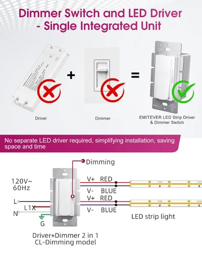 Vista 4 de Interruptor de luz de atenuación y controlador LED regulable de 24 V 160 W 2 en 1, cubierta de interruptor de luz sin tornillos, interruptores