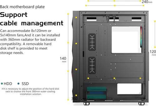 Vista 6 de SAMA 3509 ATX Mid Tower PC Case - Malla frontal de acero, panel lateral de vidrio templado con bisagras, 4 ventiladores ARGB preinstalados, USB 3.0