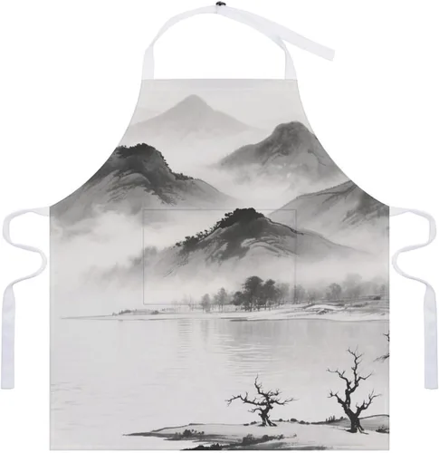 Vista 7 de MUSM Apron for Adults - 27.6 X 31.5 Inch, Heavy-Duty Polyester Aprons with Two Large Pockets, Waterproof Ink Painting Landscape Kitchen Apron for