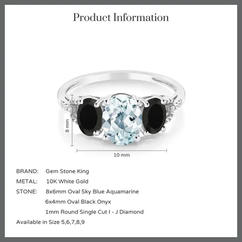 Vista 4 de Gem Stone King 10K White Gold Diamond Accent 3-Stone Engagement Ring set with 1.93 Ct Oval Sky Blue Aquamarine Black Onyx (Available 5,6,7,8,9)