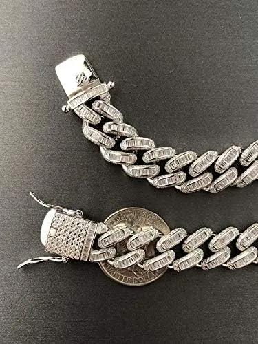 Vista 5 de HarlemBling Solid 925 Sterling Silver - Baguette CZ Iced Mens Miami Cuban Link Bracelet - 12mm - Heavy 62 Grams