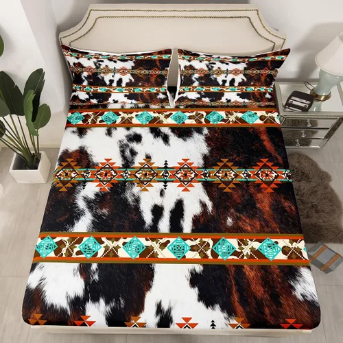 Vista 26 de Juego de ropa de cama de estilo bohemio occidental, tamaño individual, diseño de vaca atrapasueños, sábana bajera ajustable del suroeste, tribu