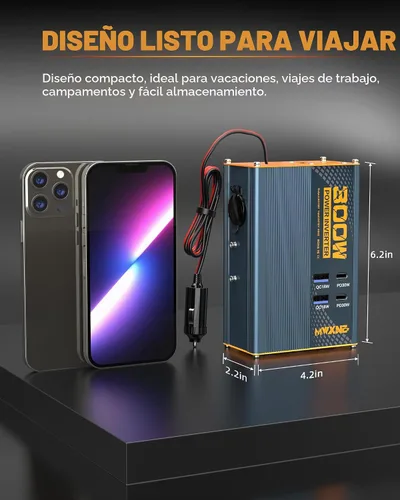 Vista 6 de Inversor de corriente de 300 W DC 12 V a 110 V Adaptador de CA con dos salidas de CA/2 puertos USB PD30W USB-C/2 QC18W/1 toma de encendedor