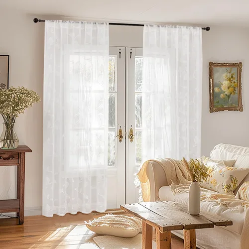 Vista 9 de YoungsTex Cortinas traslúcidas de lino con estampado de hojas de 63 pulgadas de largo para sala de estar, bolsillo para barra, cortinas de encaje