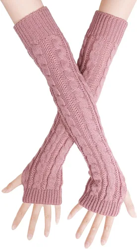 Vista 7 de Bellady Guantes de invierno para mujer, cálidos sobre el codo, guantes largos sin dedos con agujero para el pulgar, guantes de punto para calentar
