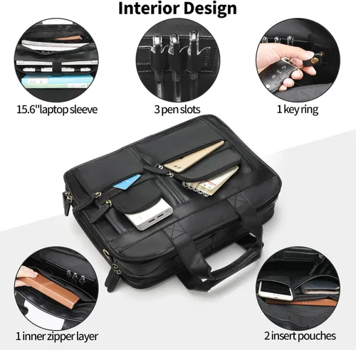 Vista 5 de Jack&Chris Maletín de cuero para hombres,Bolso de mensajero retro de viaje de negocios,Bolsa de trabajo grande para portátil de 15.6