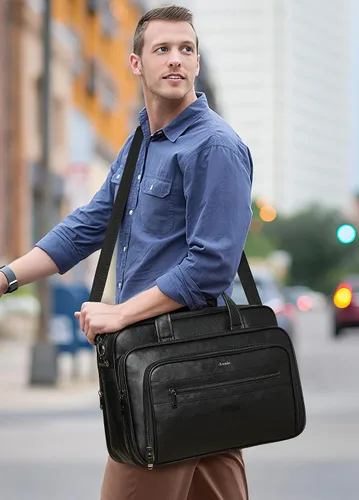Vista 3 de Bolso de Mensajero de Cuero Shrrie para Hombres y Mujeres de 17 Pulgadas, Bolso para Laptop de Gran Capacidad Resistente al Agua, Bolso de Hombro
