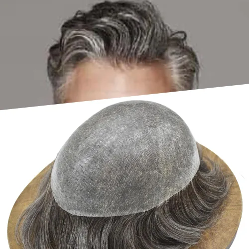 Vista 52 de Toupee para hombres Sistema de reemplazo de cabello humano PU piel fina V-looped Hair Piece Nature Hair System para hombre Toupee 6X8#1B Off Black