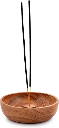 Vista 4 de Samhita Soporte redondo de madera de acacia, quemador de incienso, para cenizas y adorno de aromaterapia para decoración del hogar