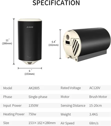 Vista 8 de AIKE Secador de manos Air Foce,UL aprobado 120V 1350W,Bar Pro MatteBlack Negro