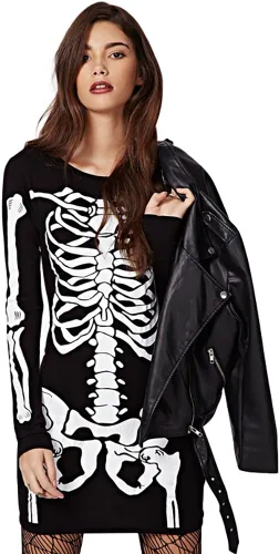 Vista 5 de RieKet - Disfraz de esqueleto para mujer de manga larga, elástico y corto para Halloween