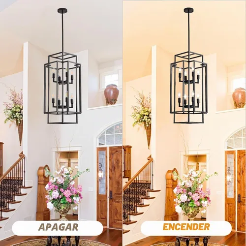 Vista 4 de Candelabro Negro de Granja, Candelabros Grandes para Techos Altos, Lámpara Colgante de Linterna Escalonada de 8 Luces, Accesorios de Iluminación
