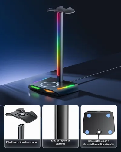 Vista 5 de New Bee Soporte para auriculares RGB con 2 puertos de carga USB-C y 1 USB