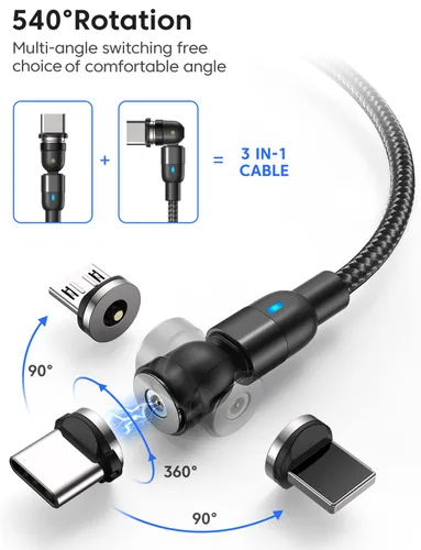 Vista 2 de Cable de carga magnético (paquete de 5, 1.6/3.3/3.3/6.6/6.6 pies)/cable de carga magnético USB C giratorio de 360° y 180°/cable de carga