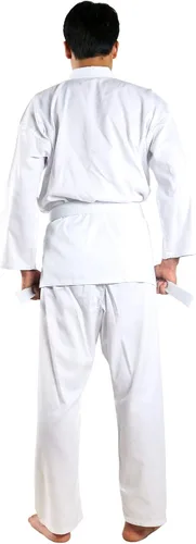 Vista 6 de FLUORY Uniforme de karate con cinturón libre, blanco Karate Gi para niños y adultos, talla 000-6