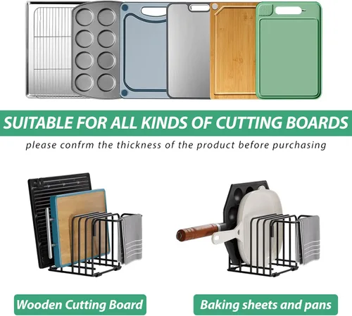 Vista 7 de Organizador de tabla de cortar, estante de almacenamiento de cocina de acero con 5 ranuras para tablas de cortar, bandejas para hornear, toallas
