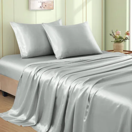 Vista 16 de VACVELT Juego de 3 sábanas de satén color beige tamaño individual, juego de ropa de cama, sábana bajera de satén sedoso con bolsillo profundo de 15