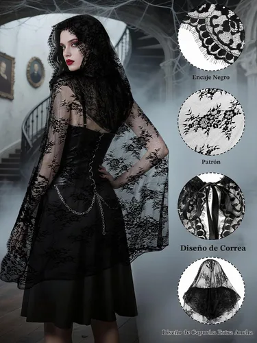 Vista 5 de Disfraz de bruja de Halloween, capa negra con capucha para mujer Gargantilla gótica, pulseras de encaje, pendientes, capa corta gótica, capa