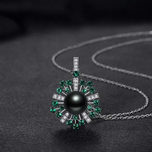 Vista 4 de VIKI LYNN 0.394-0.433 in AAA Negro Tahití Cultivado Perla Colgante Collar Joyería para Mujeres con Espinela Verde, Plata esterlina Perla Zirconia