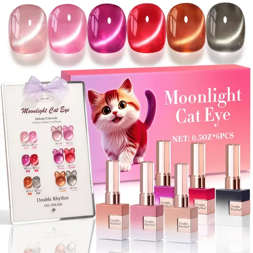 Vista 19 de Double Rhythm - Juego de esmalte de uñas de gel ojo de gato de 6 unidades, mismo color, misma botella, 14.8 ml, brillo con glitter, con imán Aurora