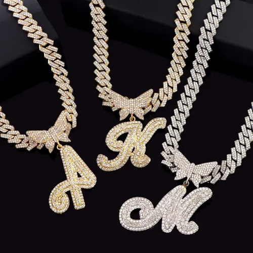 Vista 6 de Cuban Link Chain for Women Cursive Silver Initial 14MM Diamond Prong Cuban Chain Hip Hop Iced Out Chain Necklace Butterfly Initial Letter Name