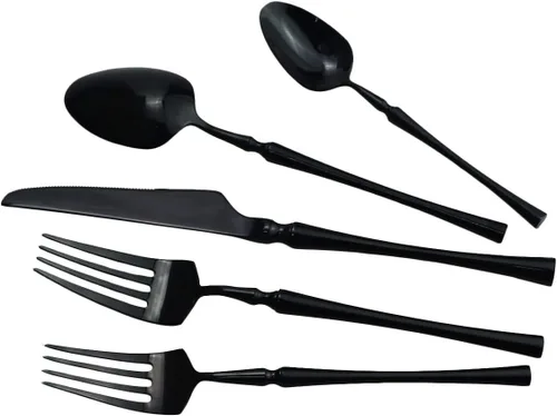 Vista 4 de Juego de cubiertos negros de 5 piezas de acero inoxidable 18/10 para 1, acabado espejo, ideal para bodas, festivales, fiestas, cocina en casa, apto