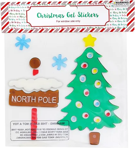Vista 5 de 8 hojas de gel de Navidad para ventana, diseño de HO, Scooter con regalos, pingüino, gnomo, alegría, árbol de Navidad, Santa Sliegh, Feliz Navidad.