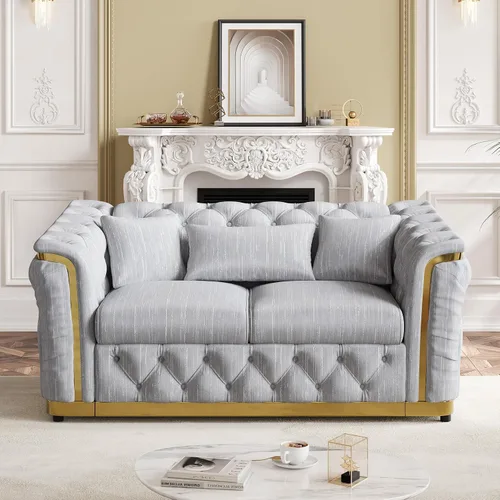 Vista 33 de Sofá Chesterfield de terciopelo de 62.5 pulgadas con respaldo copetudo y detalles dorados, beige Blanco