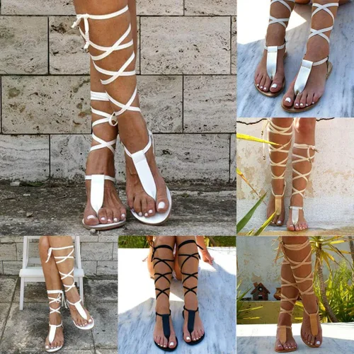 Vista 3 de Gibobby Sandalias planas para mujer, sandalias de gladiador para mujer, sandalias planas de verano con tirantes abiertos y punta abierta hasta
