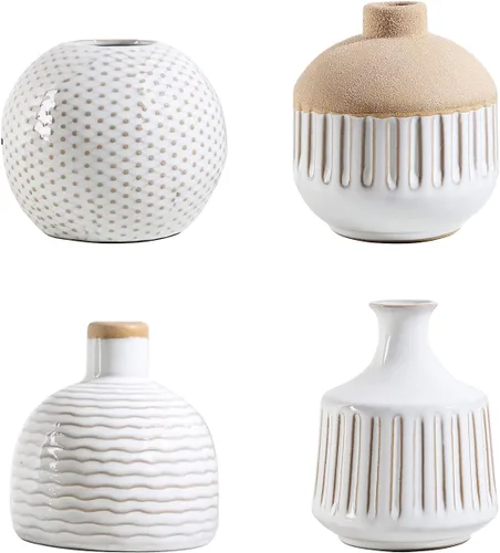 Vista 4 de Juego de 4 jarrones pequeños de cerámica minimalista boho para dormitorio, sala de estar, oficina, chimenea, centro de mesa, jarrones blancos Antiguo