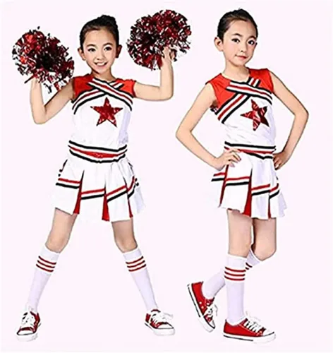 Vista 2 de Conjunto de uniforme de animadora para niñas y niñas, con falda, calcetines a la rodilla, con pompones, conjunto de vestido
