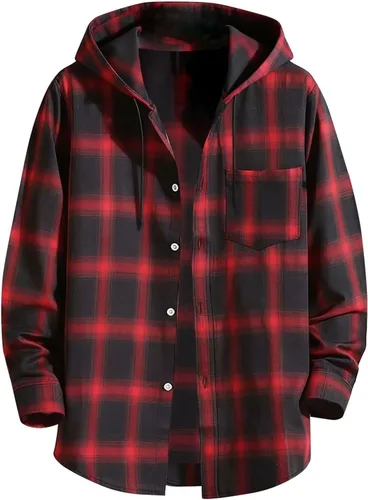 Vista 11 de Camisa a cuadros con botones para hombre, ligera, casual, de manga larga, ajuste holgado, UPF 50+, con capucha y protección solar
